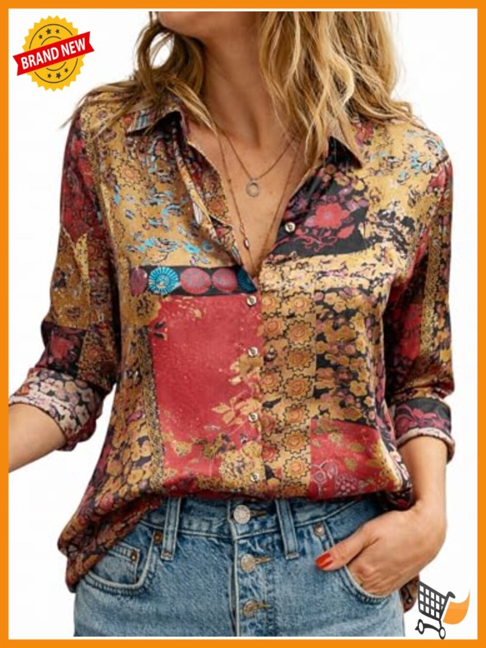 Womens Silky Button Down Blouse Long Sleeve Boho Print Work Top